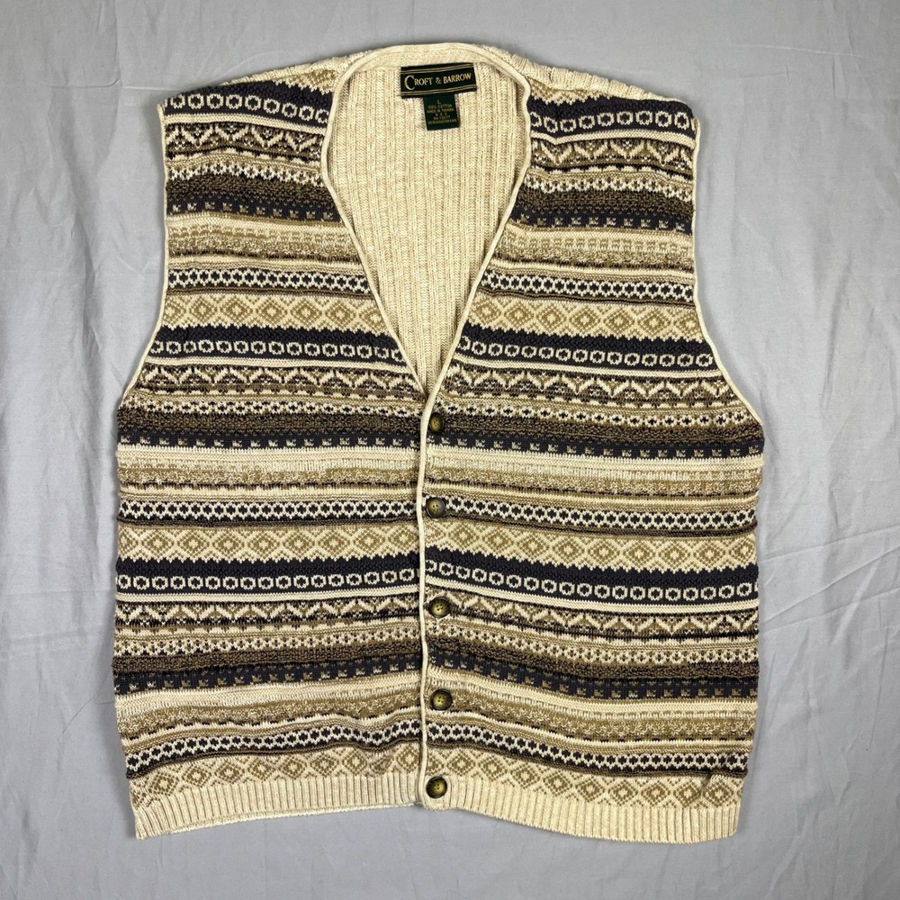 Croft & Barrow Sweater Vest Mens Large Tan Fair Isle Button Front